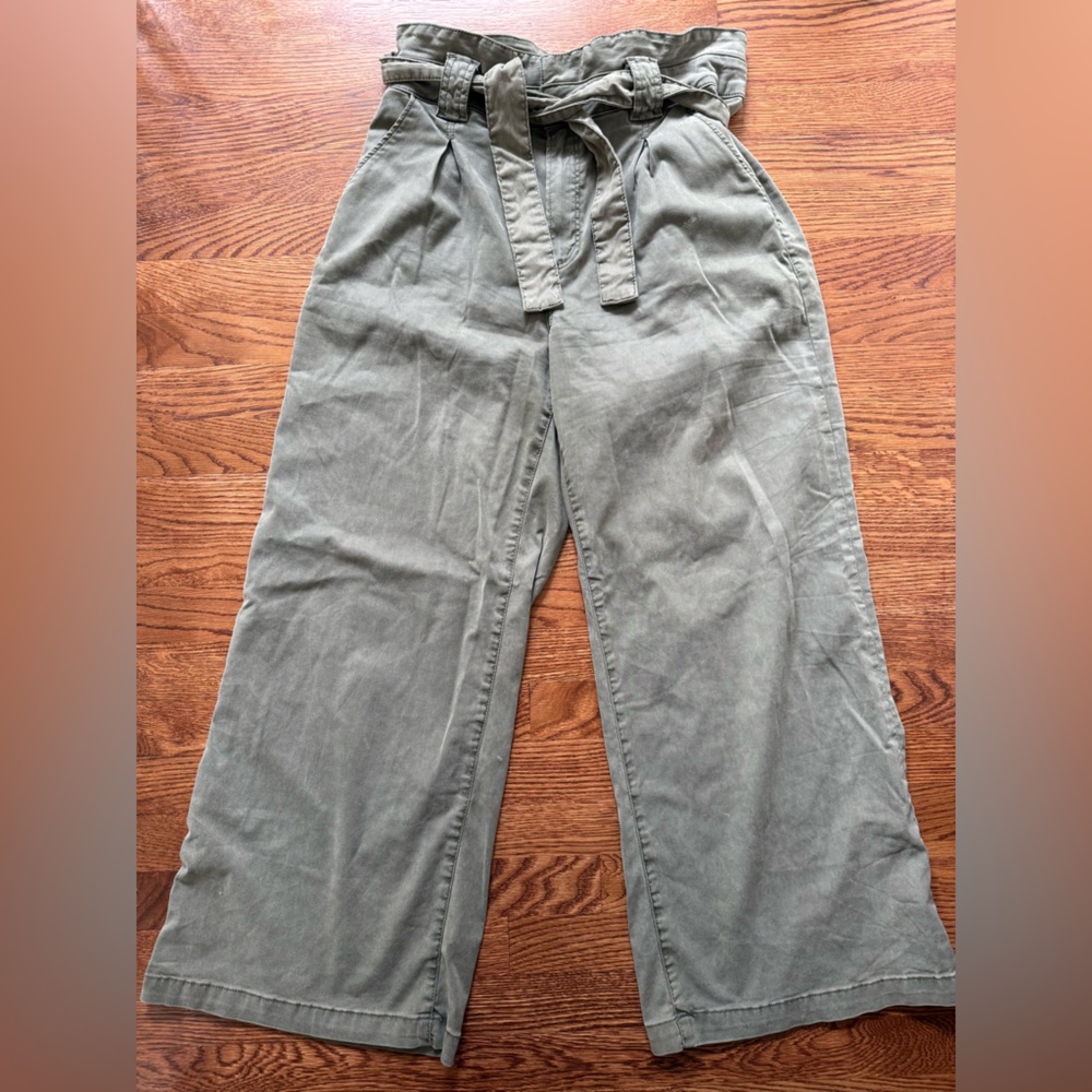 PAIGE Harper Wide Leg High Rise Paperbag Pants Olive Green‎ Tie Waist Baggy 29